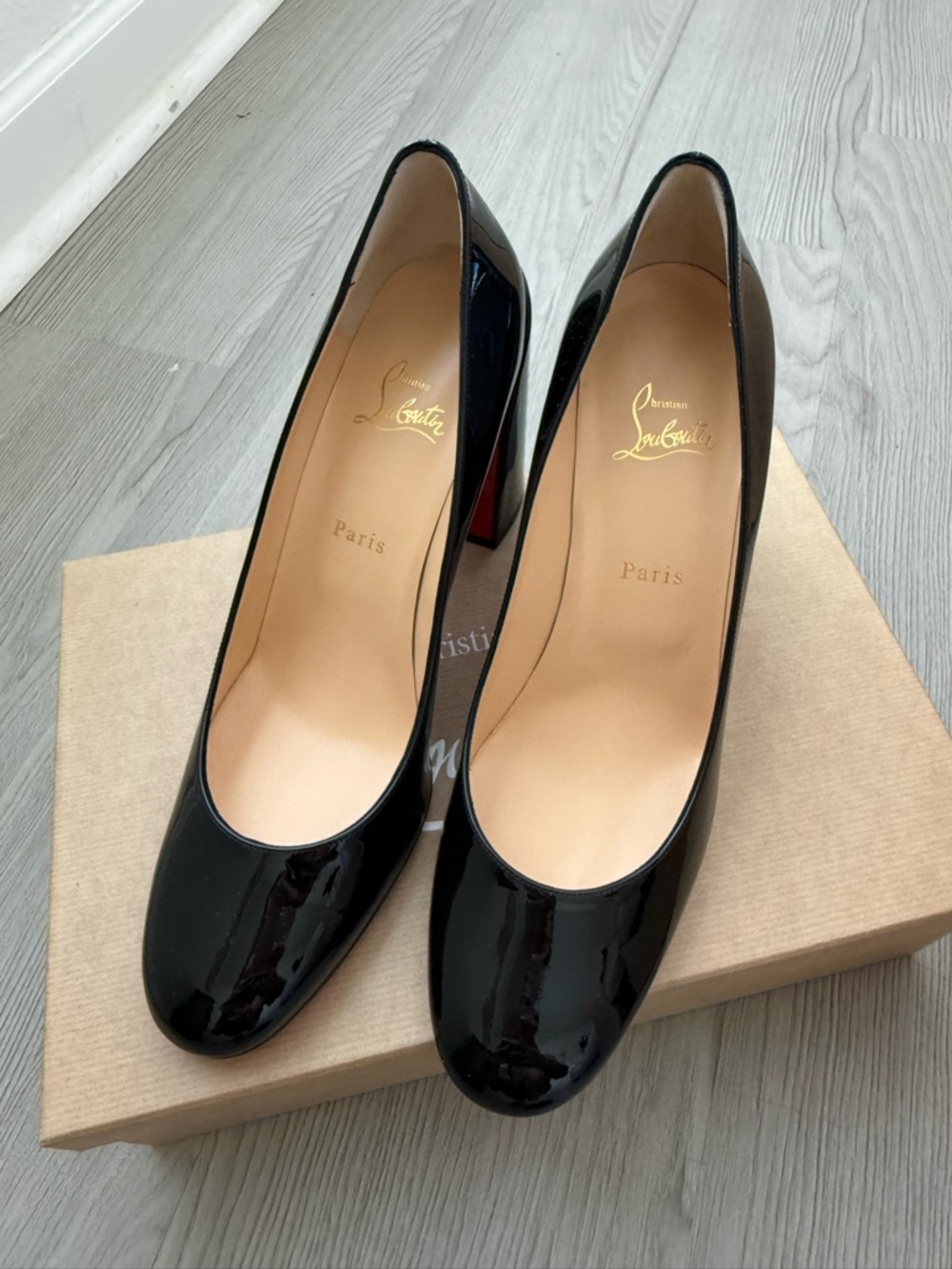 Christian Louboutin Black Patent Round-Toe Pumps with Signature Red Sole